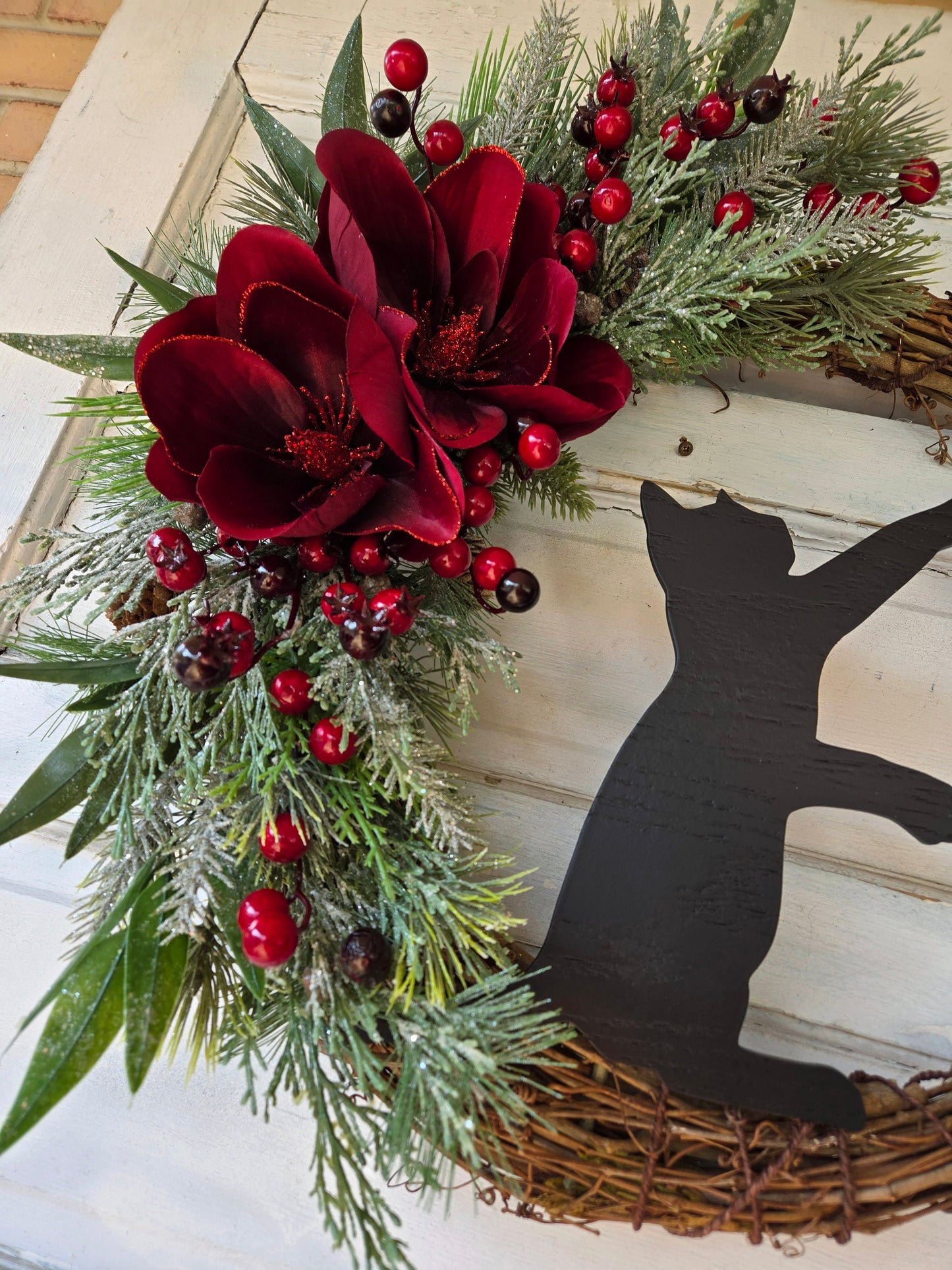 Red Poinsettia Christmas Crescent Moon Cat Wreath