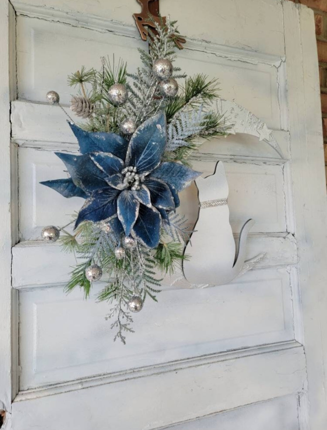 Blue Poinsettia Crescent Moon Christmas Cat Wreath