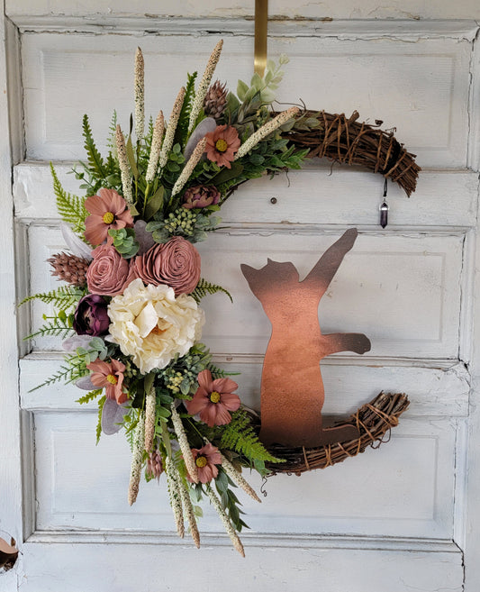 Blush & Cream Lambs Ear Crescent Moon Cat Wreath