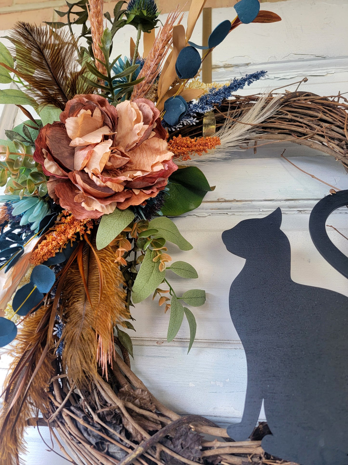 Navy Fall Feather Grapevine Cat Wreath