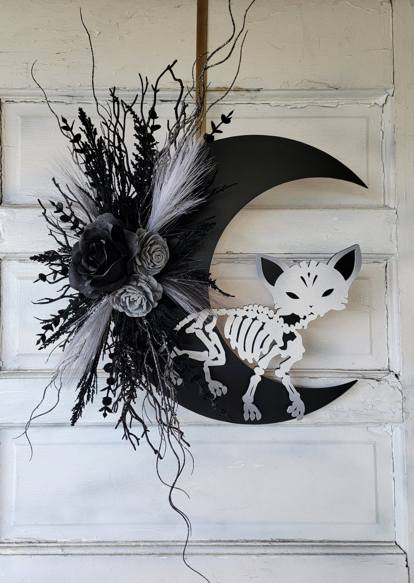 Skeleton Cat Halloween Crescent Moon Wreath