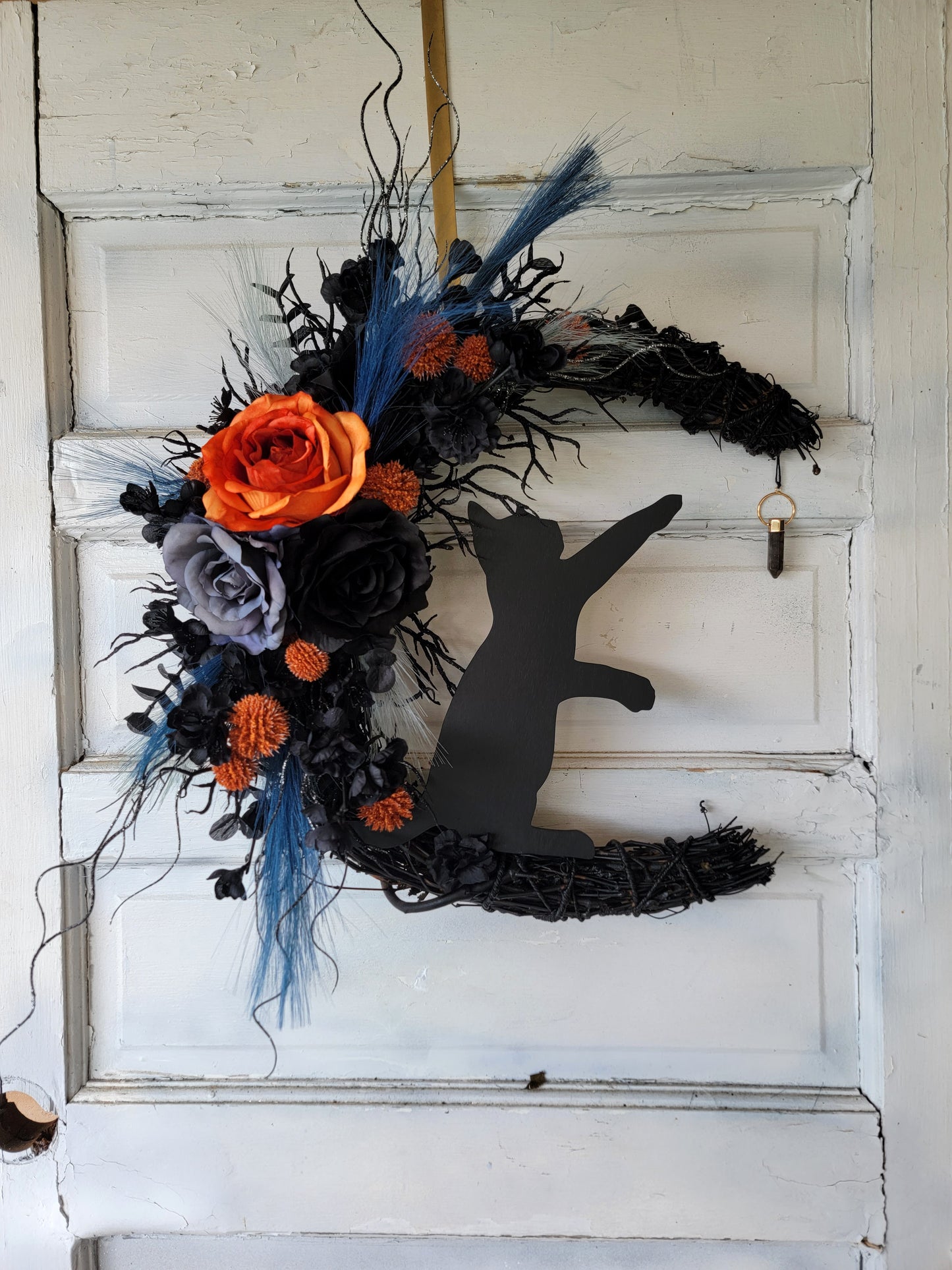 Blue, Purple & Black Halloween Cat Crescent Moon Wreath