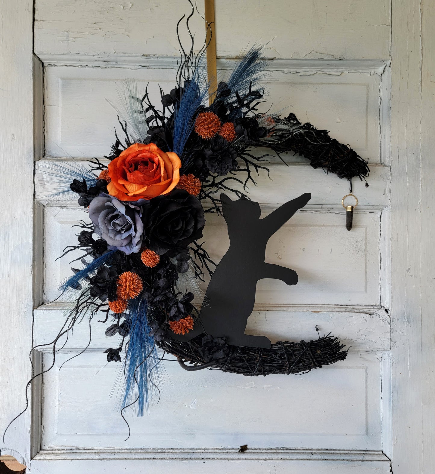 Blue, Purple & Black Halloween Cat Crescent Moon Wreath