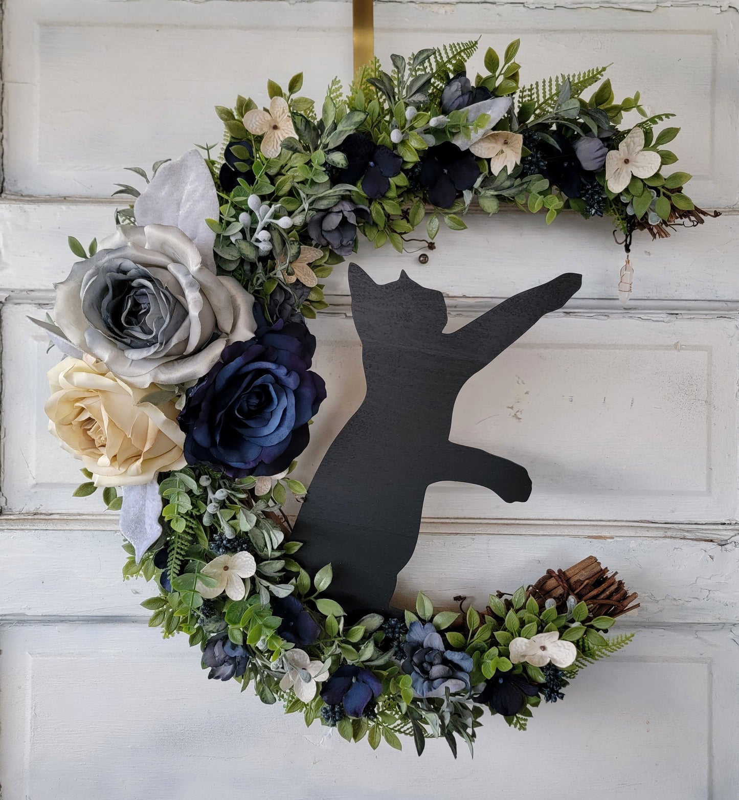 Blue Wildflower Cat Crescent Moon Wreath