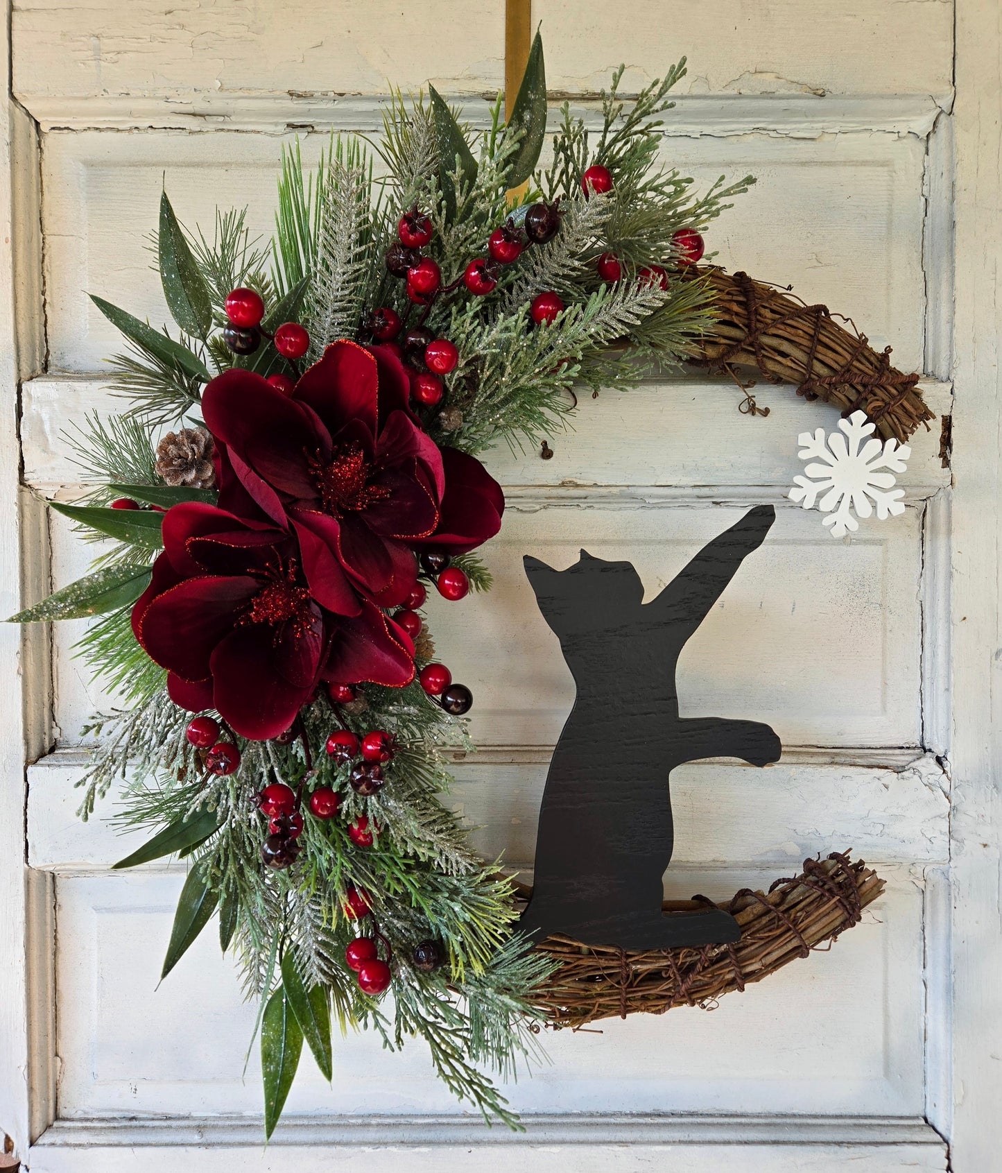 Red Poinsettia Christmas Crescent Moon Cat Wreath