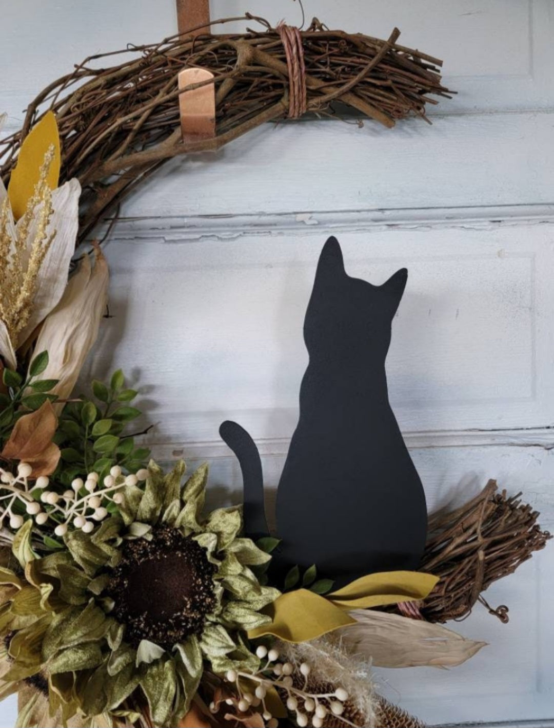 Fall Cat Moon Thistles & Sunflower Wreath