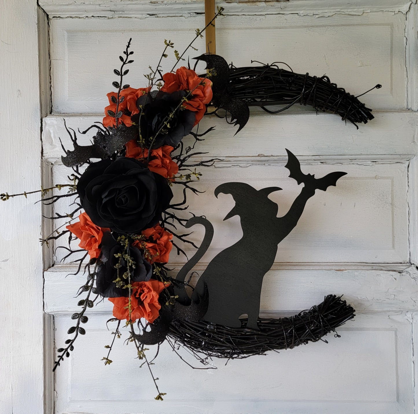 Witch Hat Bat Cat Halloween Crescent Moon Cat Wreath