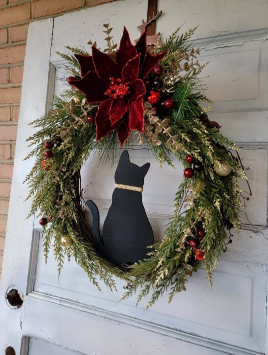 Poinsettia Black Cat Christmas Wreath