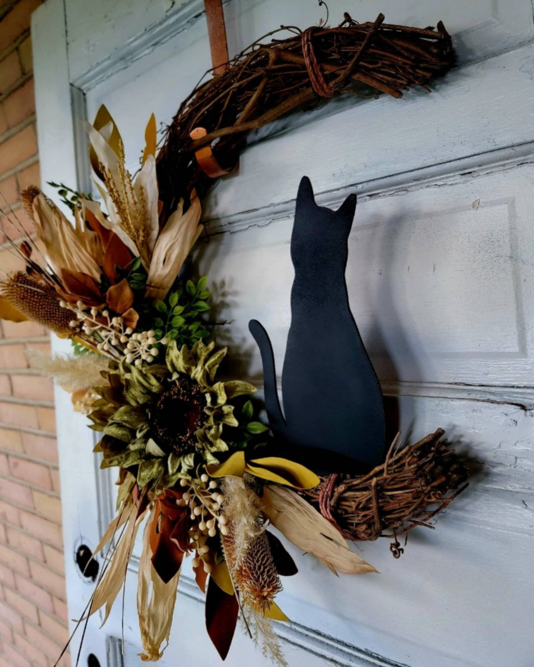 Fall Cat Moon Thistles & Sunflower Wreath