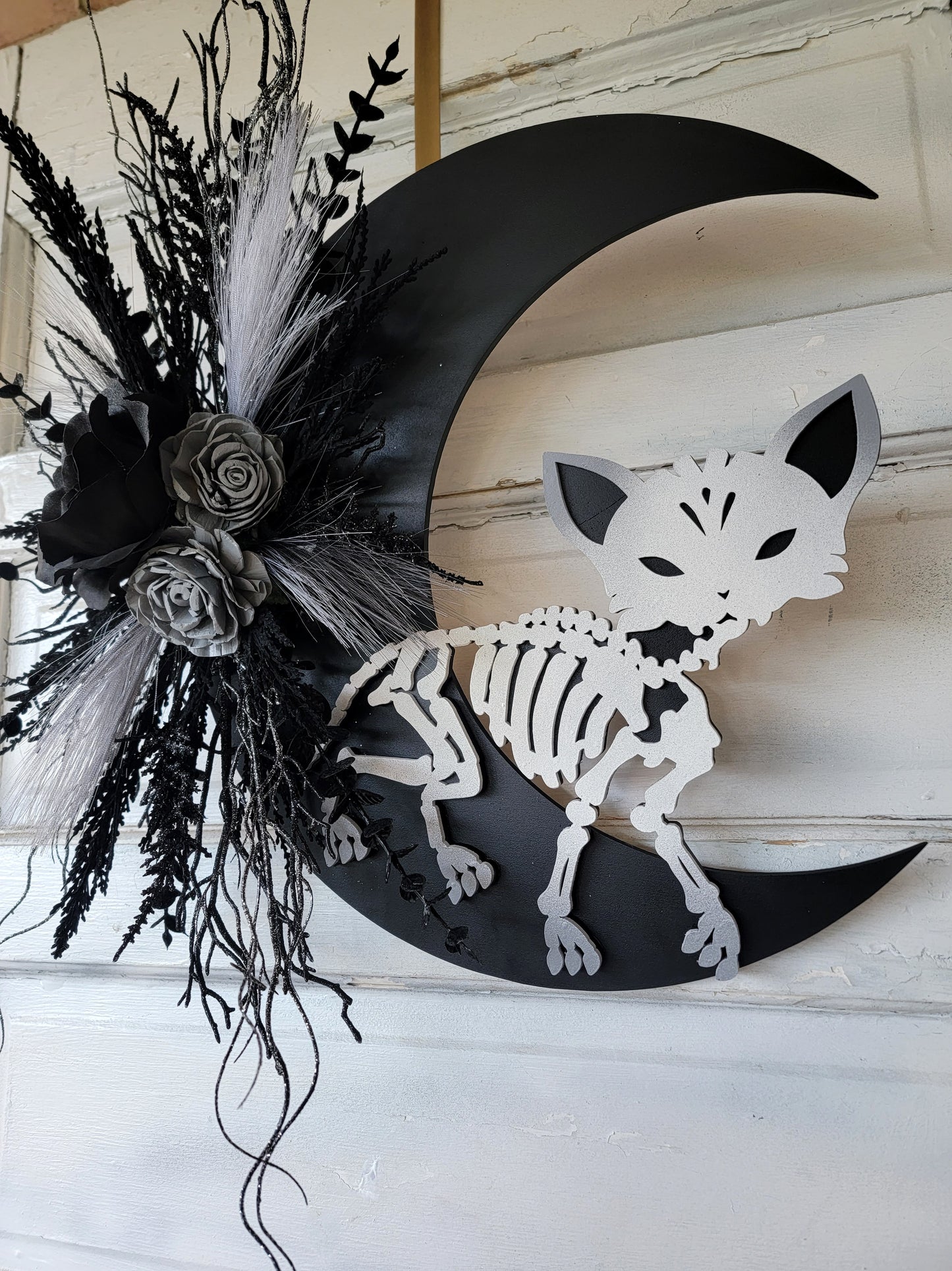 Skeleton Cat Halloween Crescent Moon Wreath