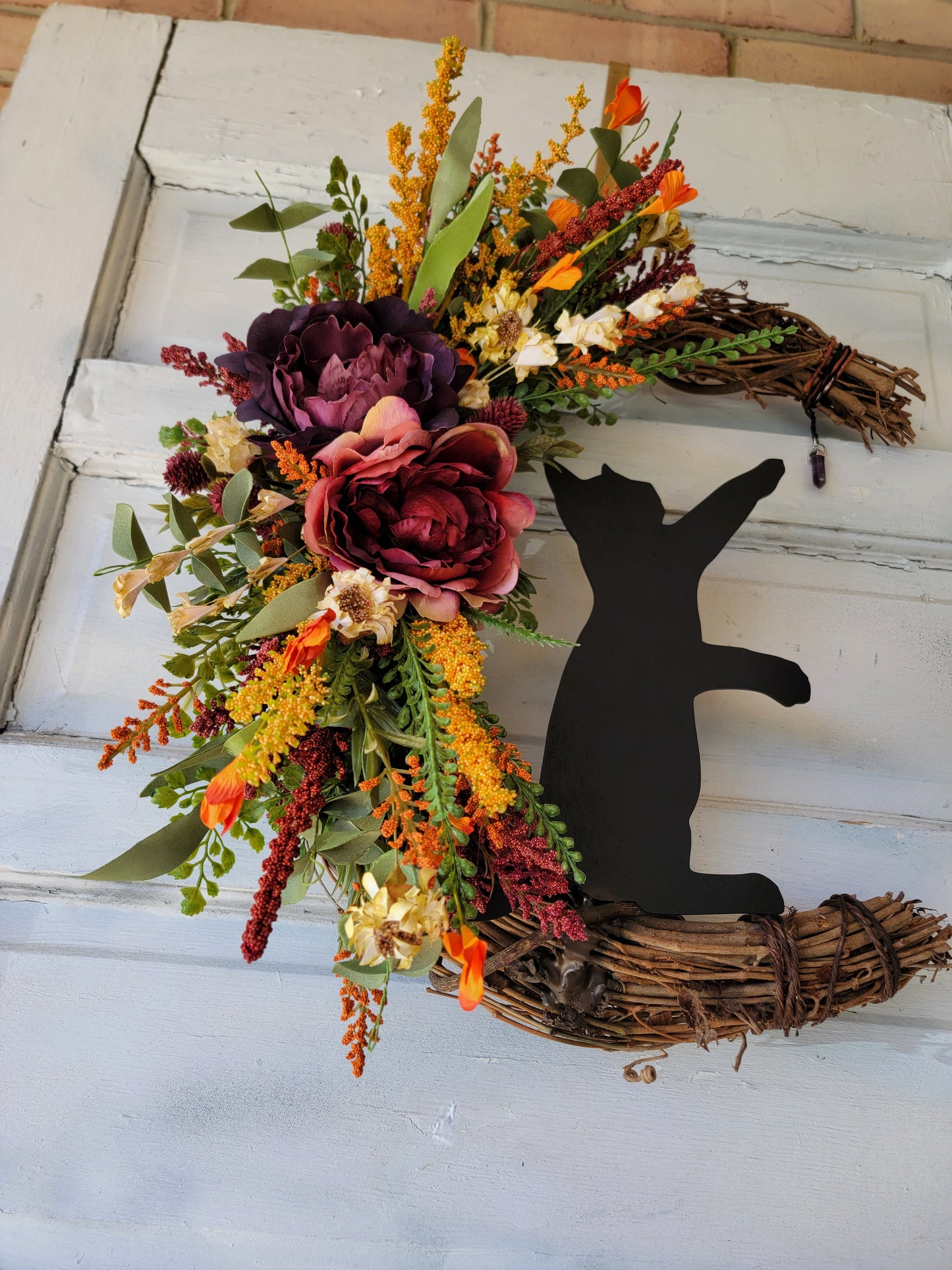 Fall Crystal Cat Crescent Moon Wreath