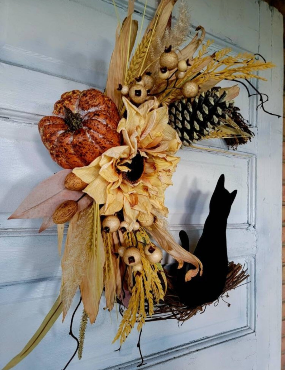 Fall Cat Moon Pumpkin & Sunflower Wreath