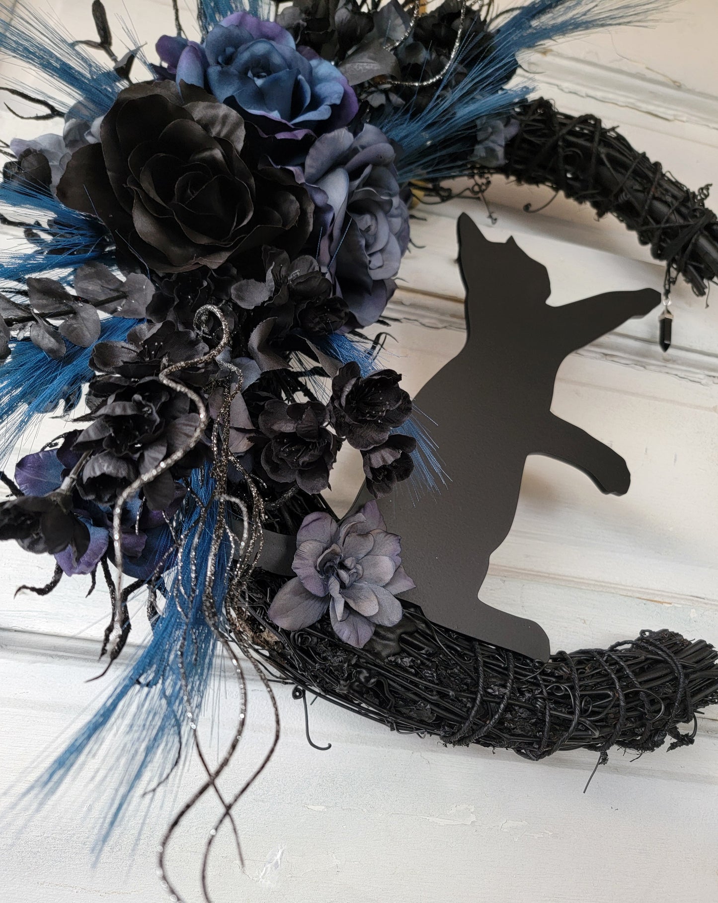 Witchy Hag Blue Black Cat Crescent Moon Wreath