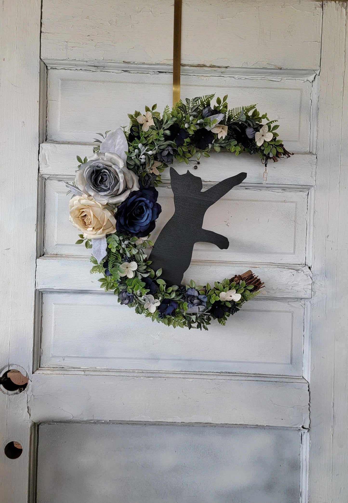 Blue Wildflower Cat Crescent Moon Wreath