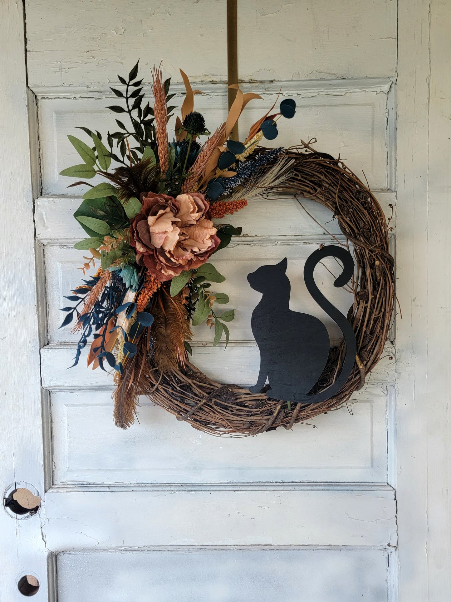 Navy Fall Feather Grapevine Cat Wreath