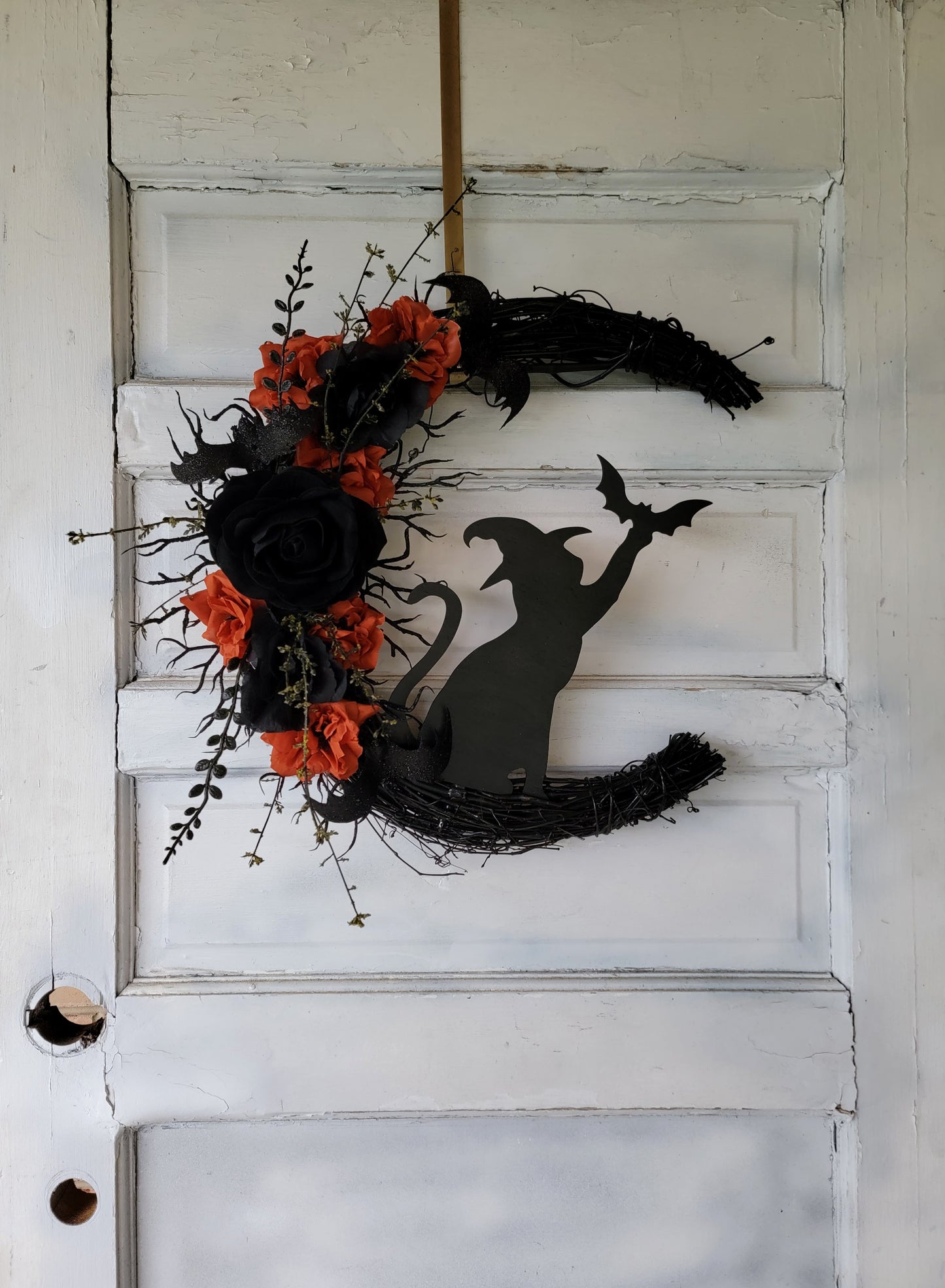 Witch Hat Bat Cat Halloween Crescent Moon Cat Wreath