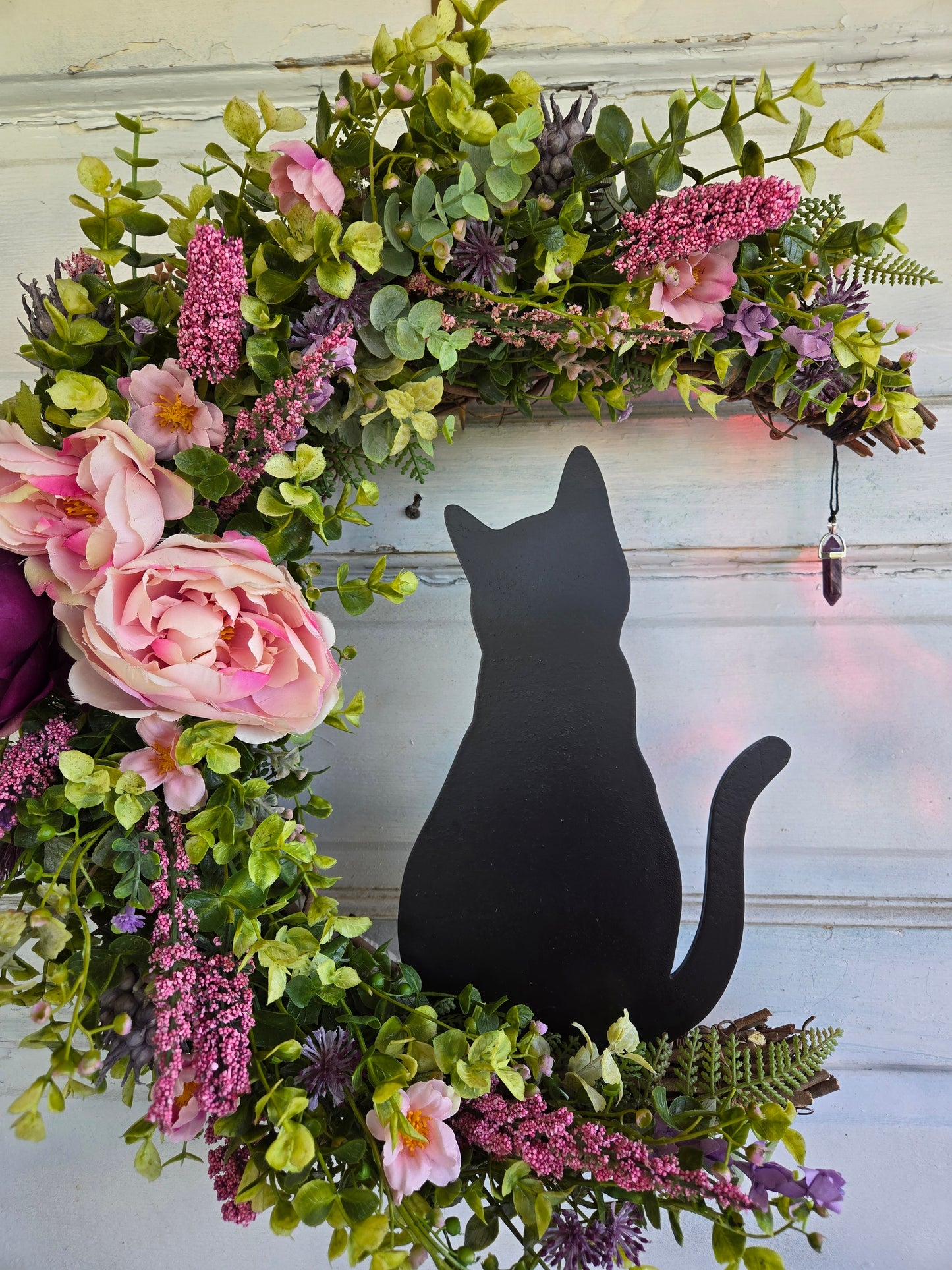 Pink Black Cat Amethyst Crescent Moon Wreath