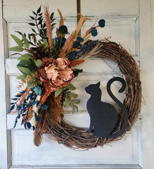 Navy Fall Feather Grapevine Cat Wreath