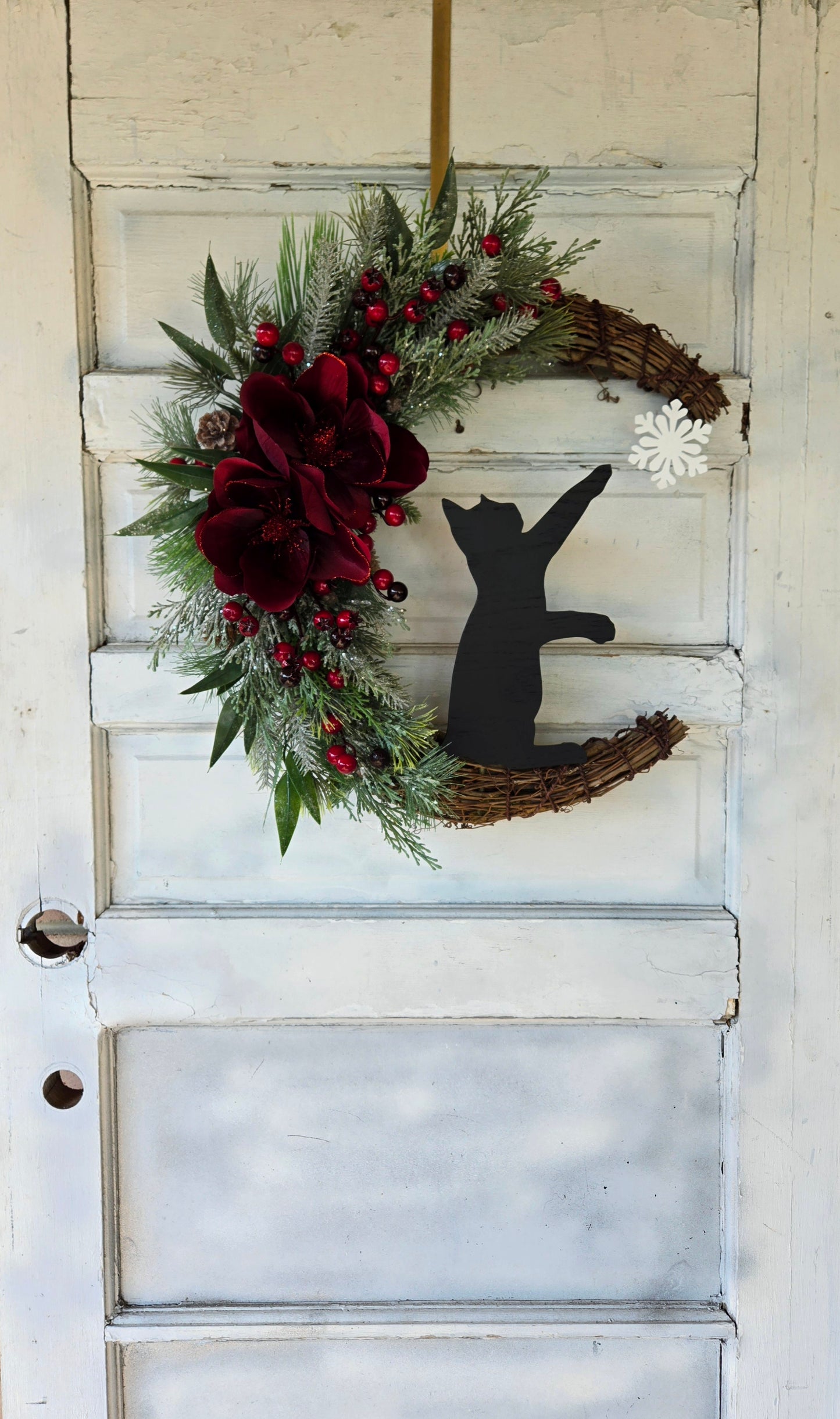 Red Poinsettia Christmas Crescent Moon Cat Wreath