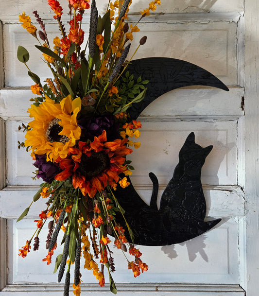 Orange, Yellow & Purple Fall Cat Moon Wreath