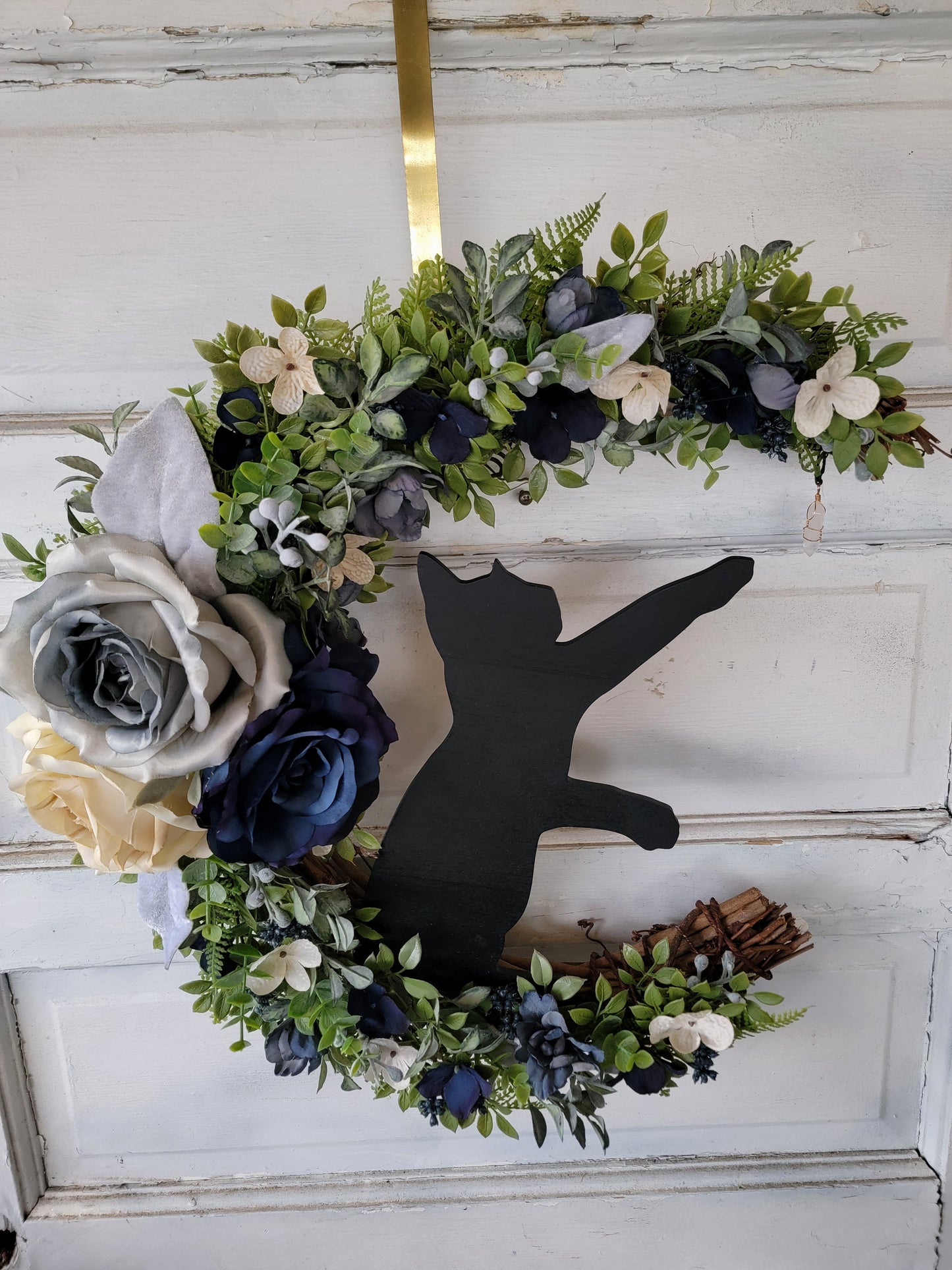 Blue Wildflower Cat Crescent Moon Wreath