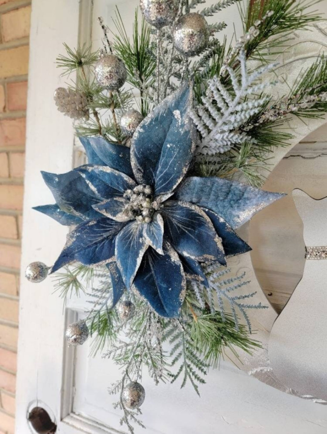 Blue Poinsettia Crescent Moon Christmas Cat Wreath