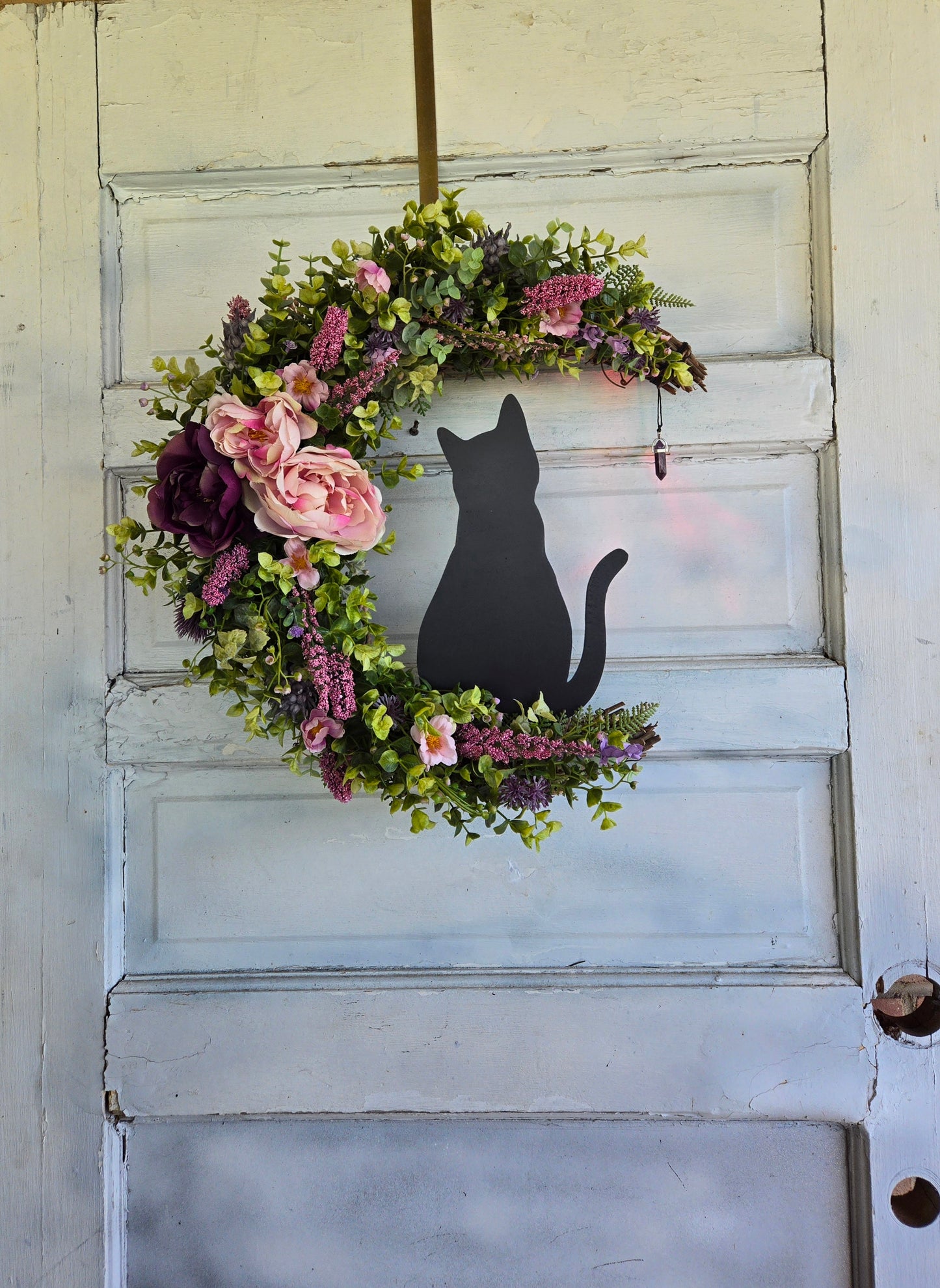 Pink Black Cat Amethyst Crescent Moon Wreath