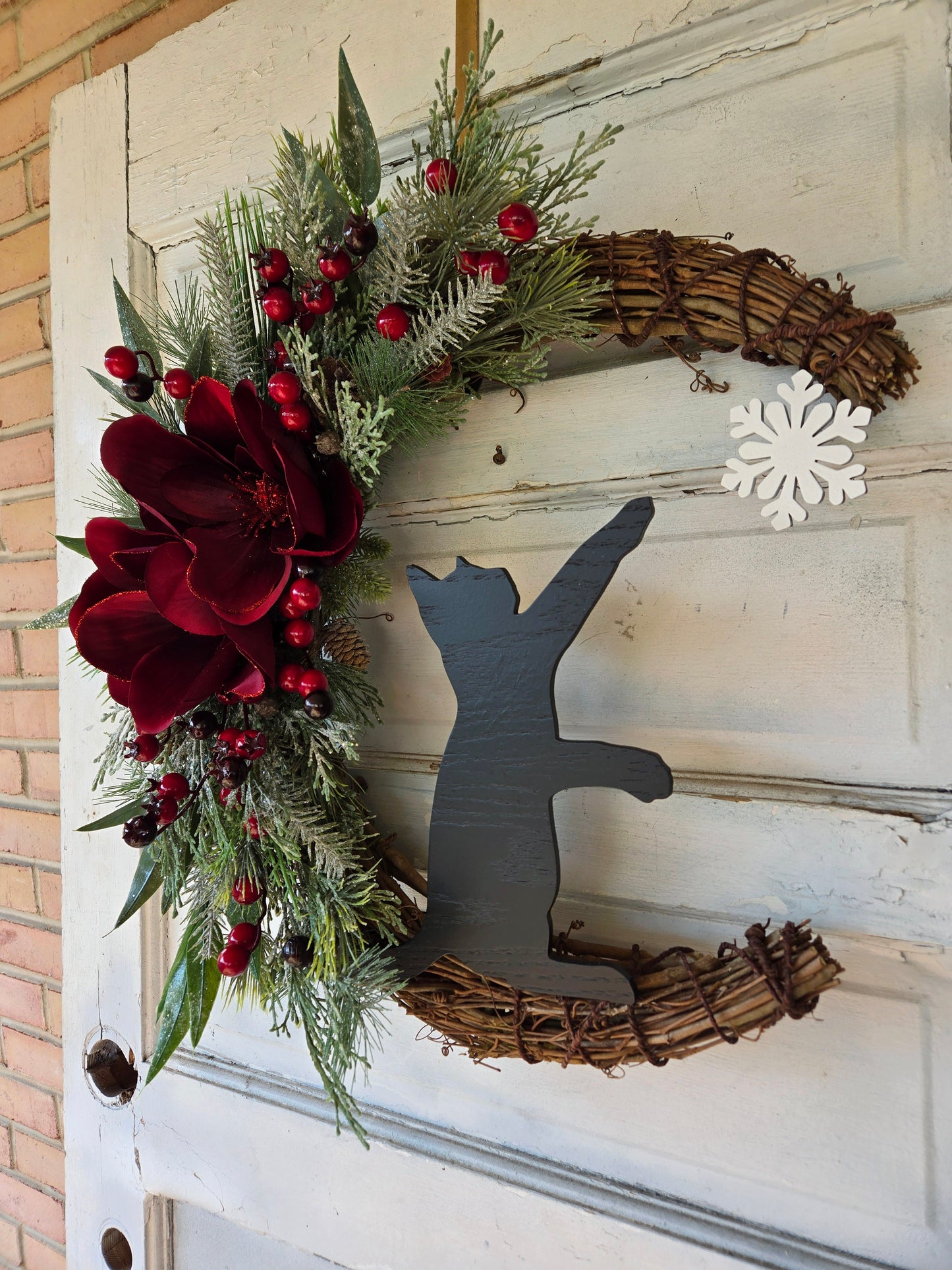 Red Poinsettia Christmas Crescent Moon Cat Wreath