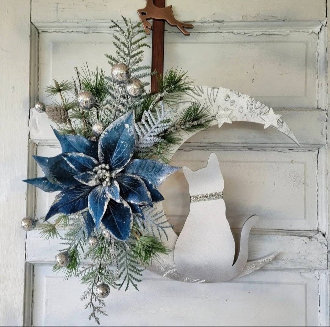 Blue Poinsettia Crescent Moon Christmas Cat Wreath