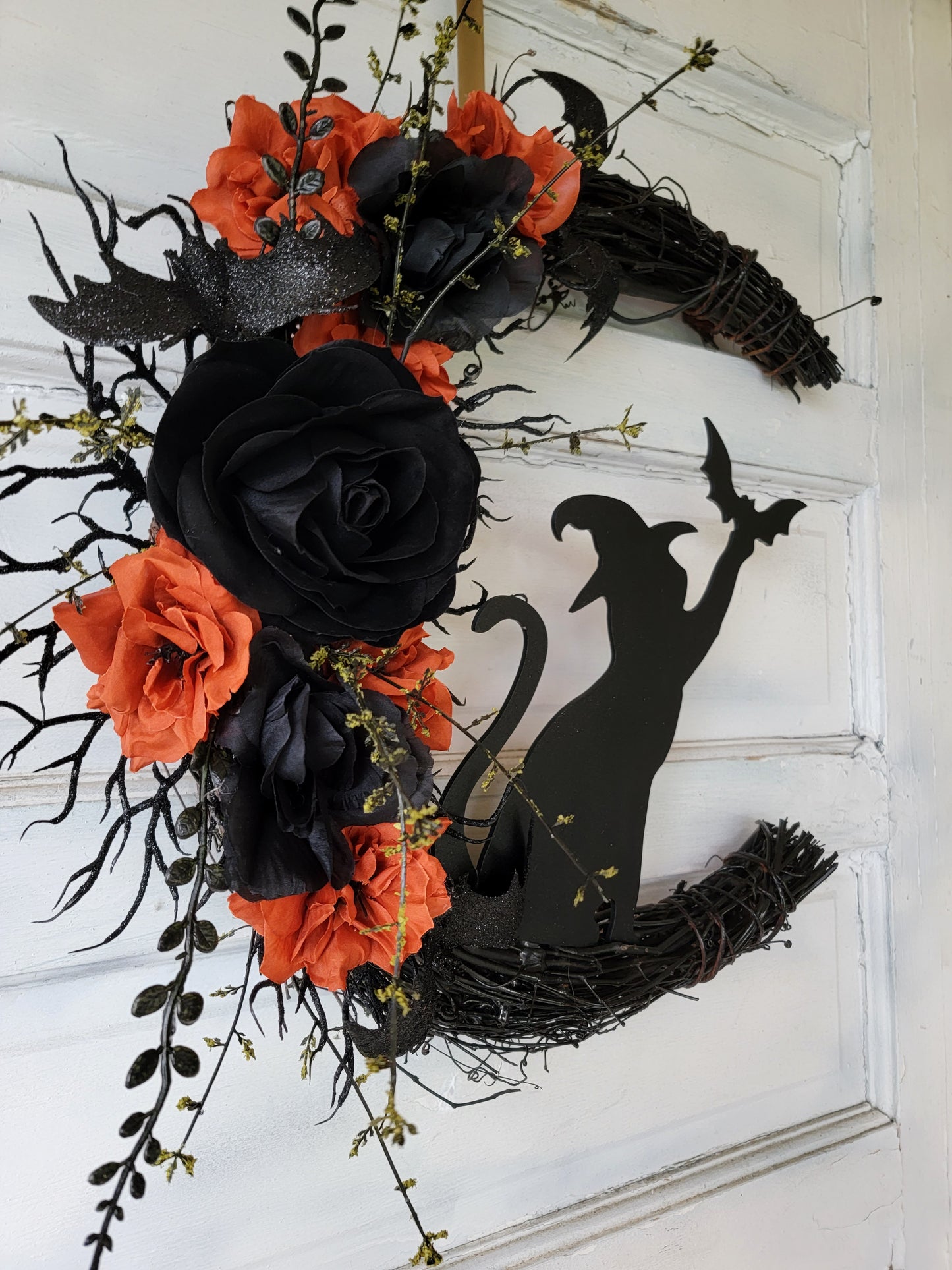 Witch Hat Bat Cat Halloween Crescent Moon Cat Wreath