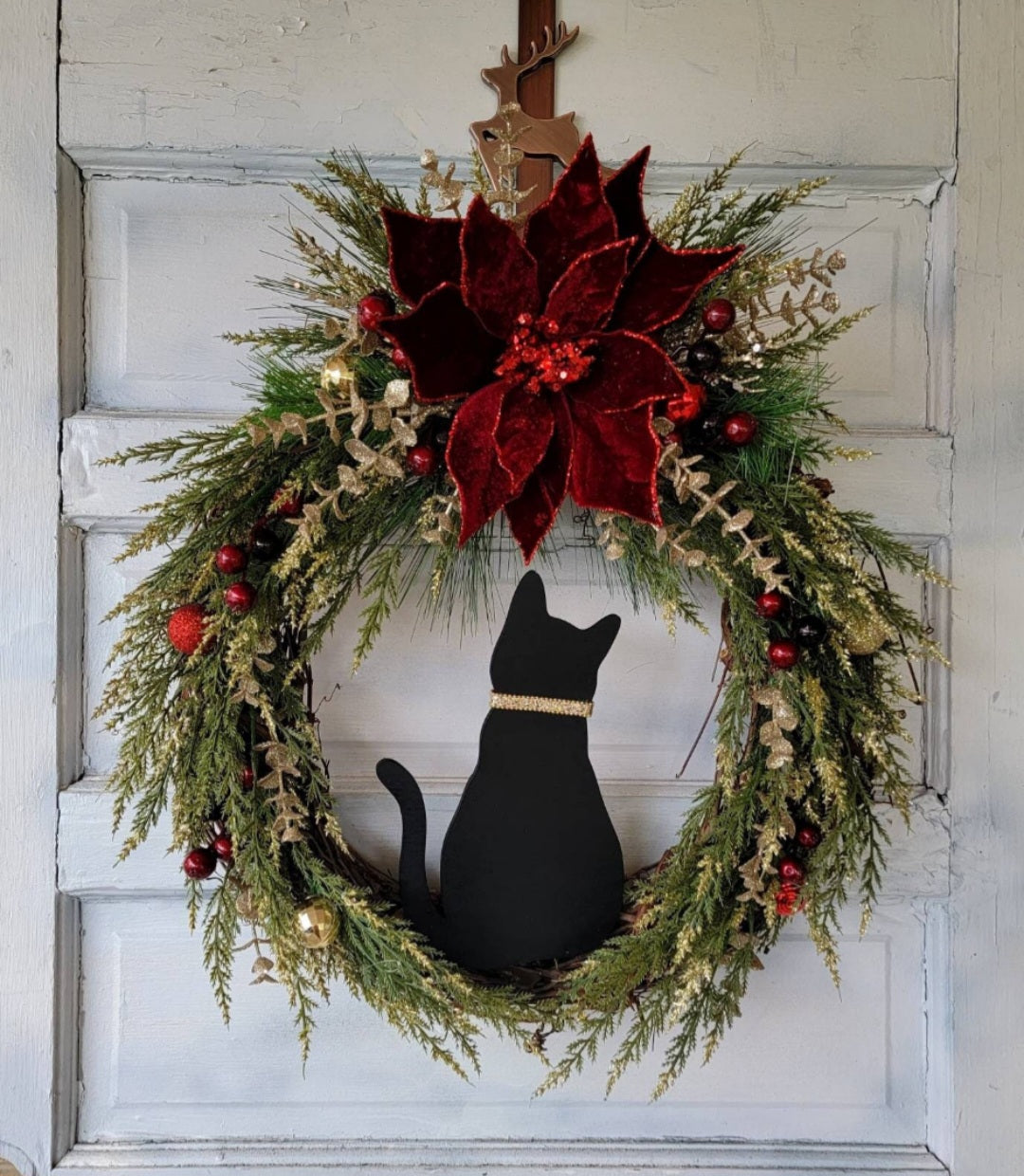 Poinsettia Black Cat Christmas Wreath