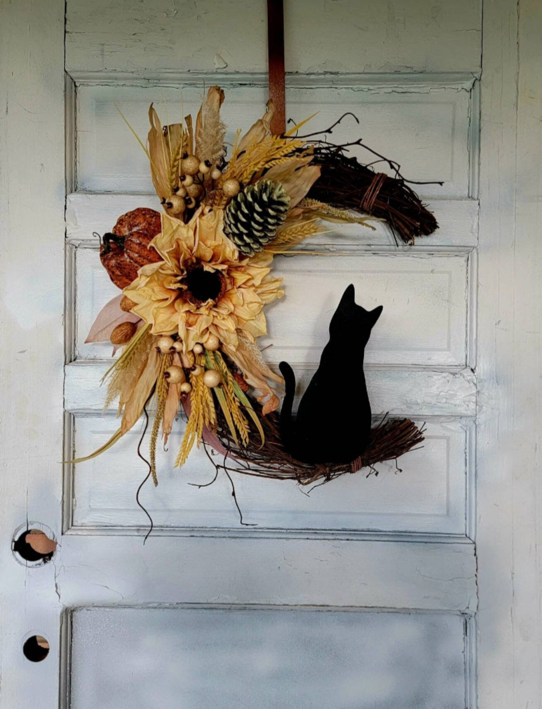 Fall Cat Moon Pumpkin & Sunflower Wreath