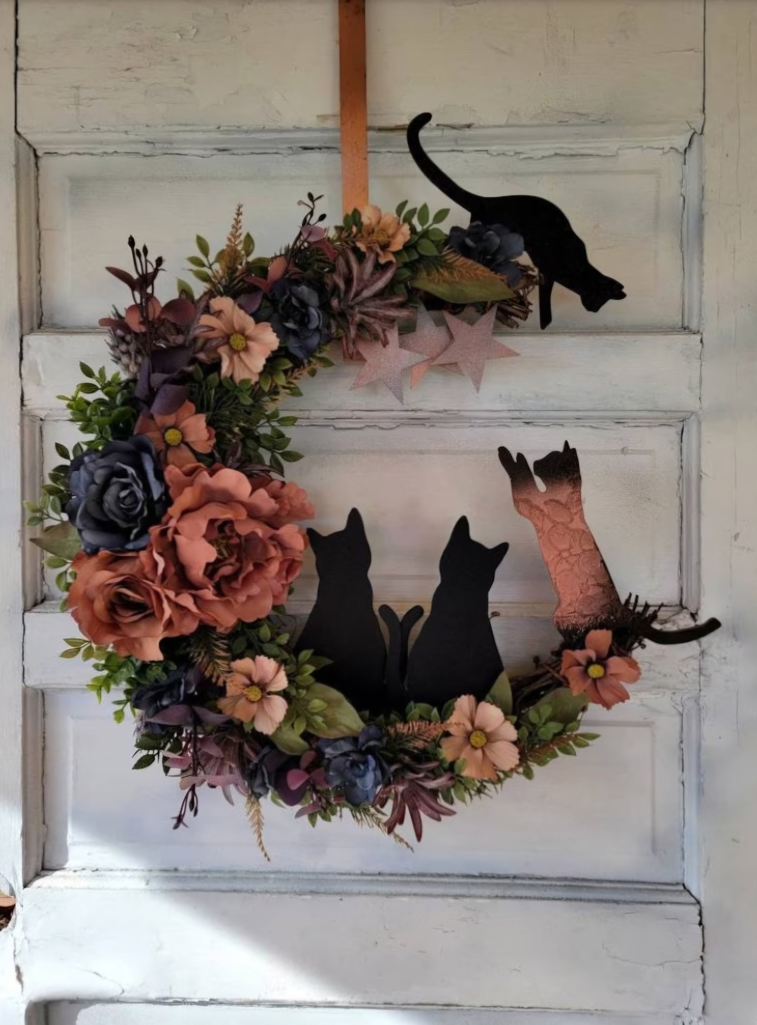 Smokey Blue Witchy Wildflower Multiple Cats Crescent Moon Wreath