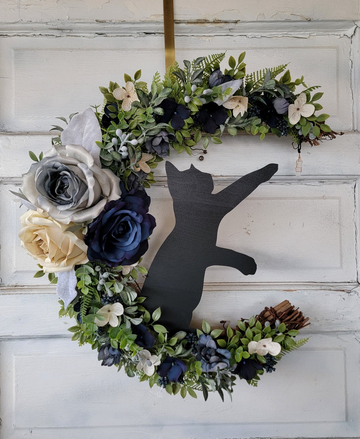 Blue Wildflower Cat Crescent Moon Wreath