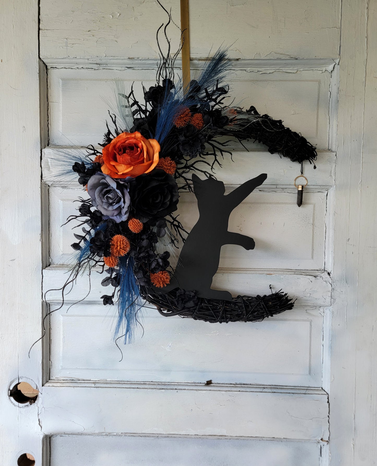 Blue, Purple & Black Halloween Cat Crescent Moon Wreath