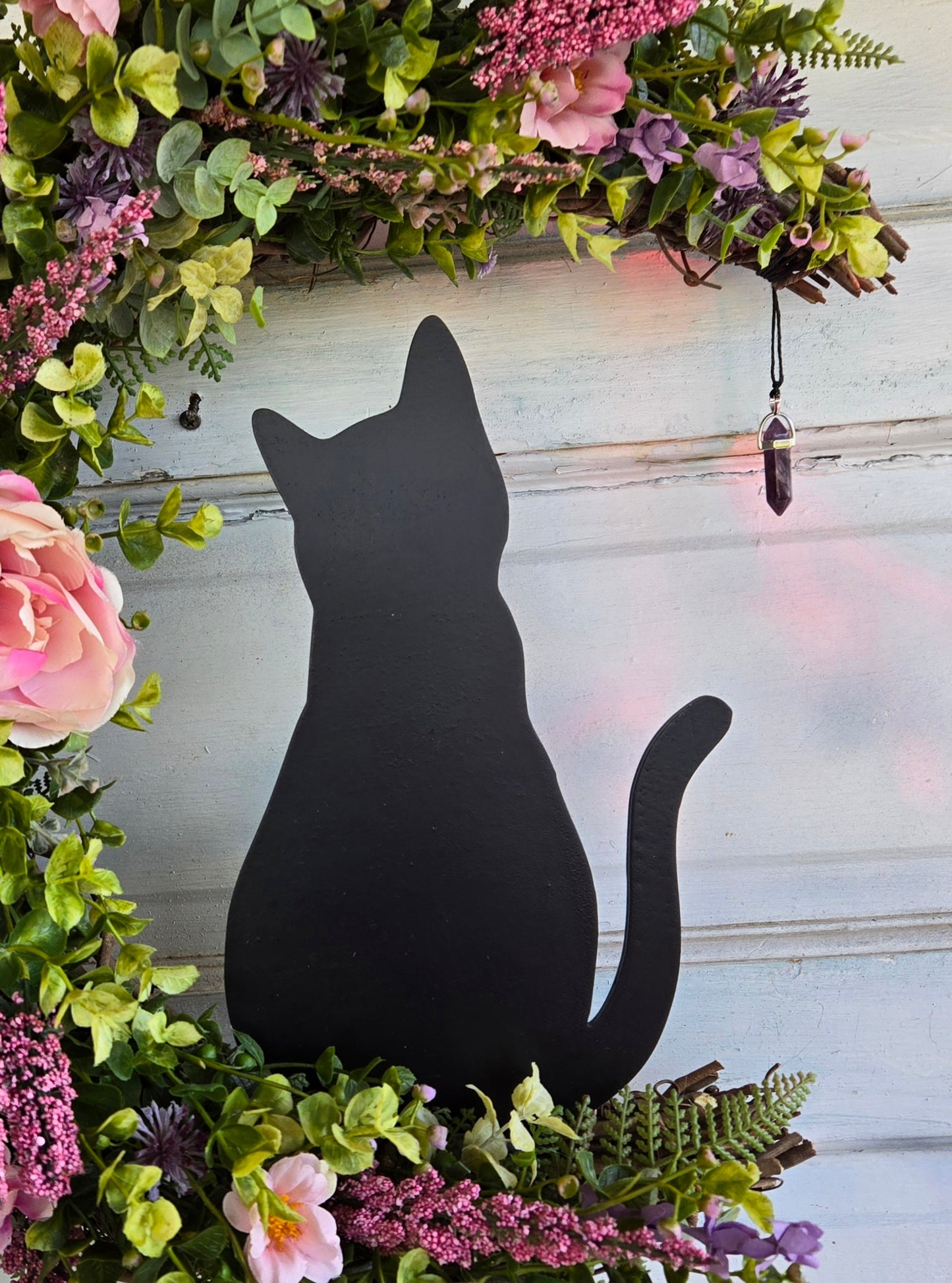 Pink Black Cat Amethyst Crescent Moon Wreath