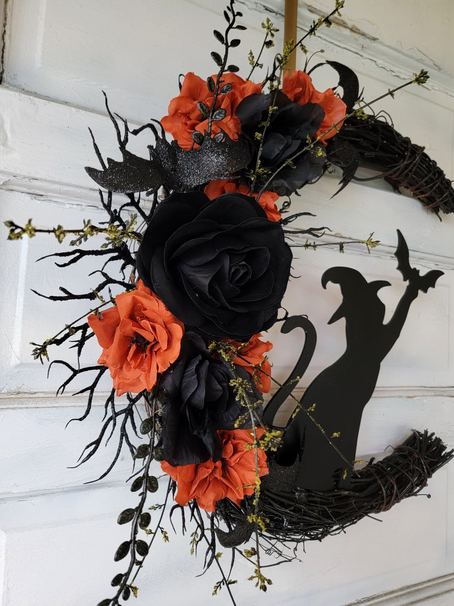 Witch Hat Bat Cat Halloween Crescent Moon Cat Wreath