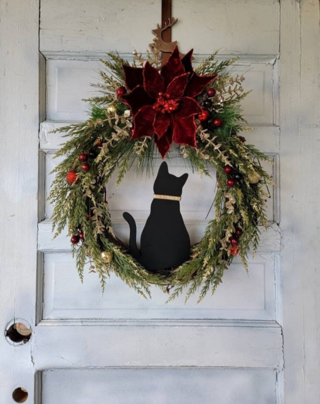 Poinsettia Black Cat Christmas Wreath