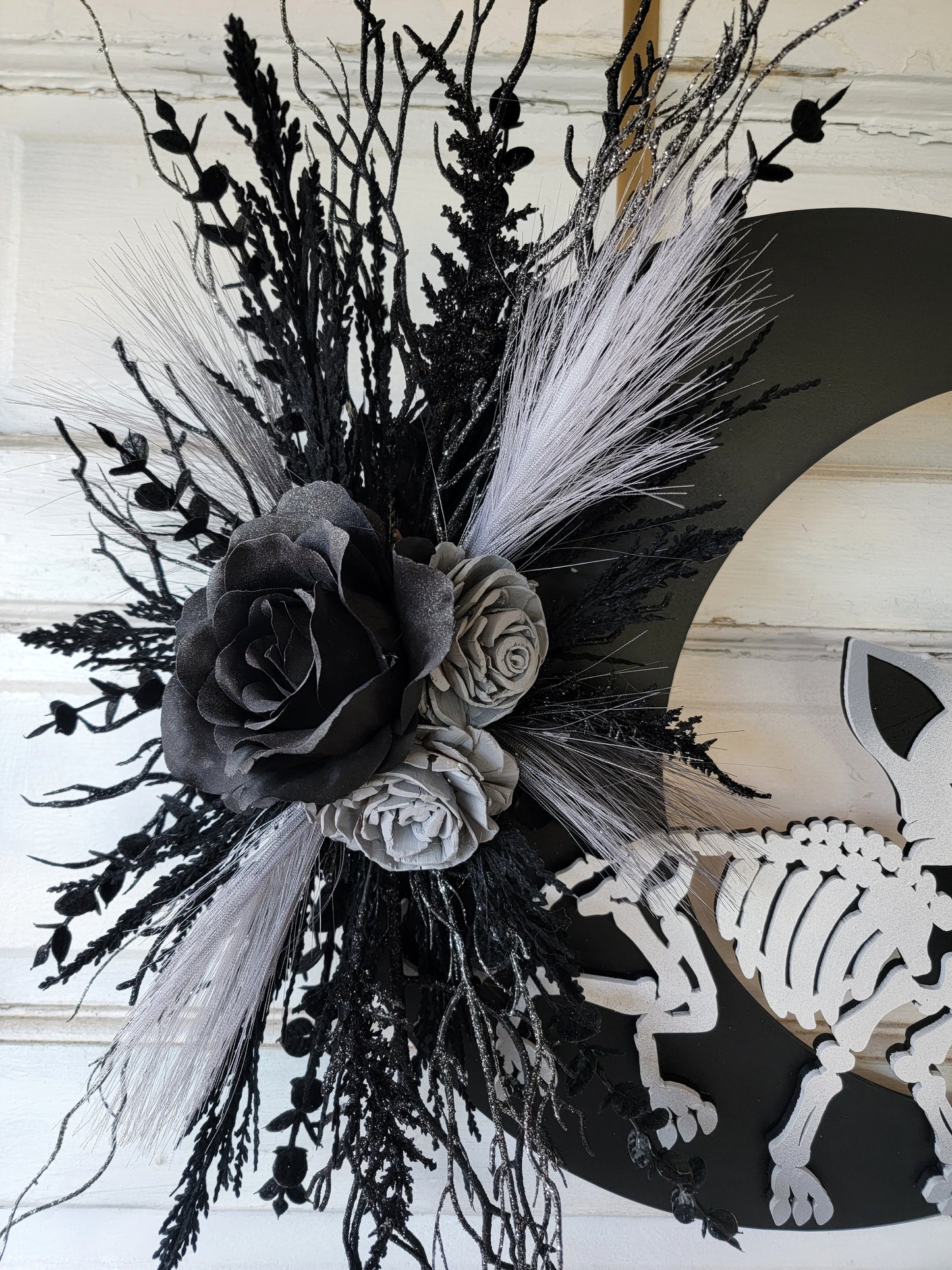 Skeleton Cat Halloween Crescent Moon Wreath