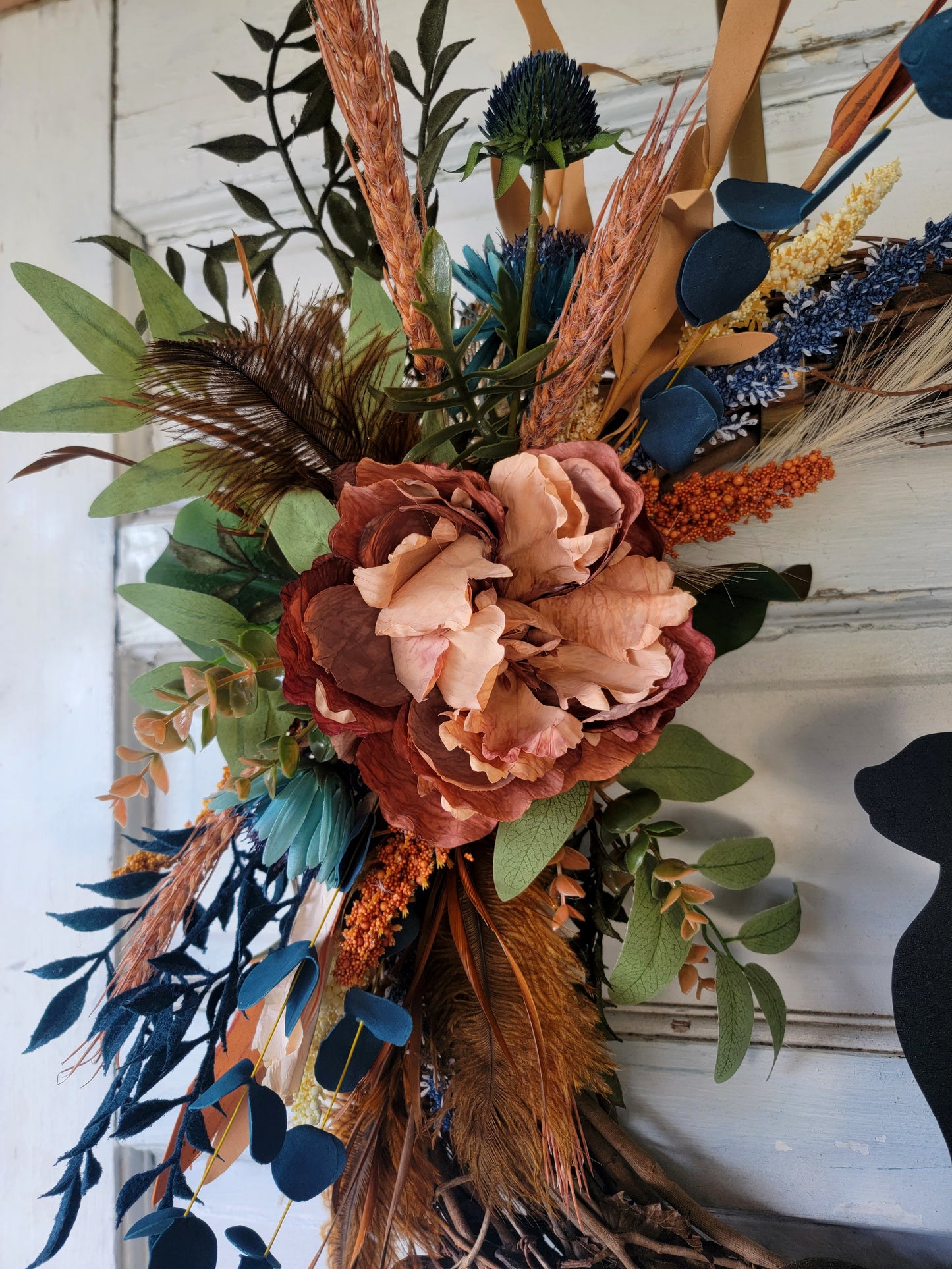 Navy Fall Feather Grapevine Cat Wreath