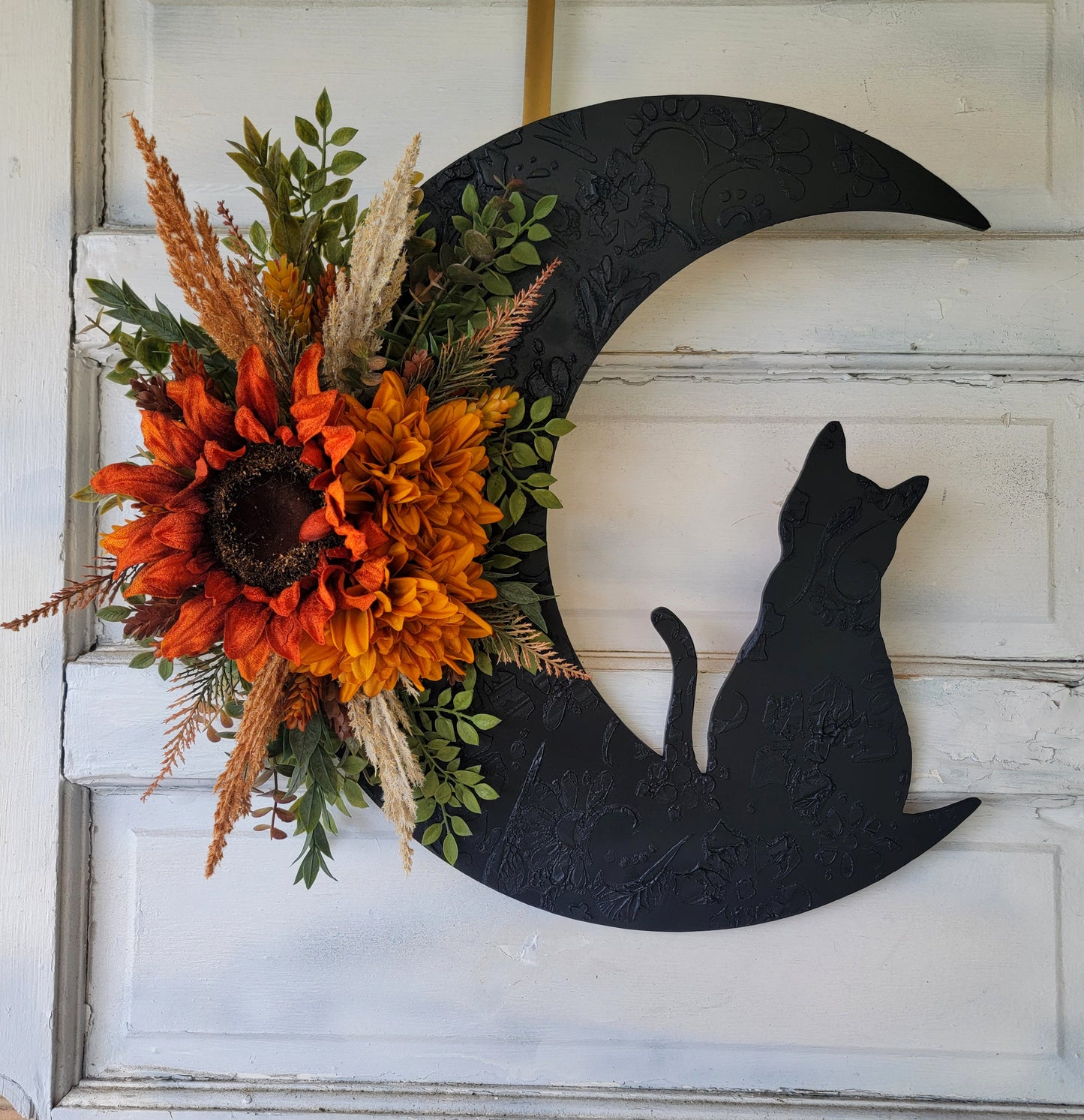 Fall Cat Crescent Moon Sunflower Wreath