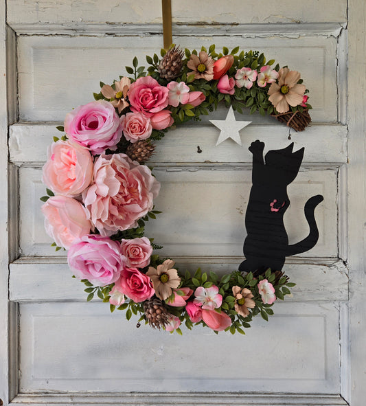 Pink Peonies Spring Crescent Moon Black Cat Wreath