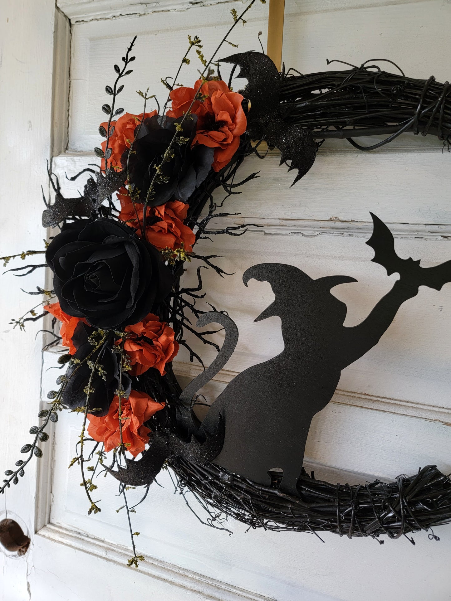 Witch Hat Bat Cat Halloween Crescent Moon Cat Wreath