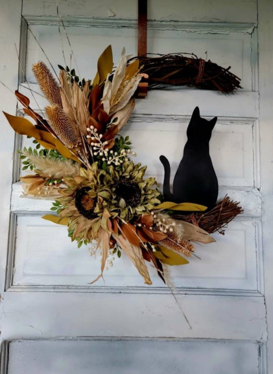 Fall Cat Moon Thistles & Sunflower Wreath