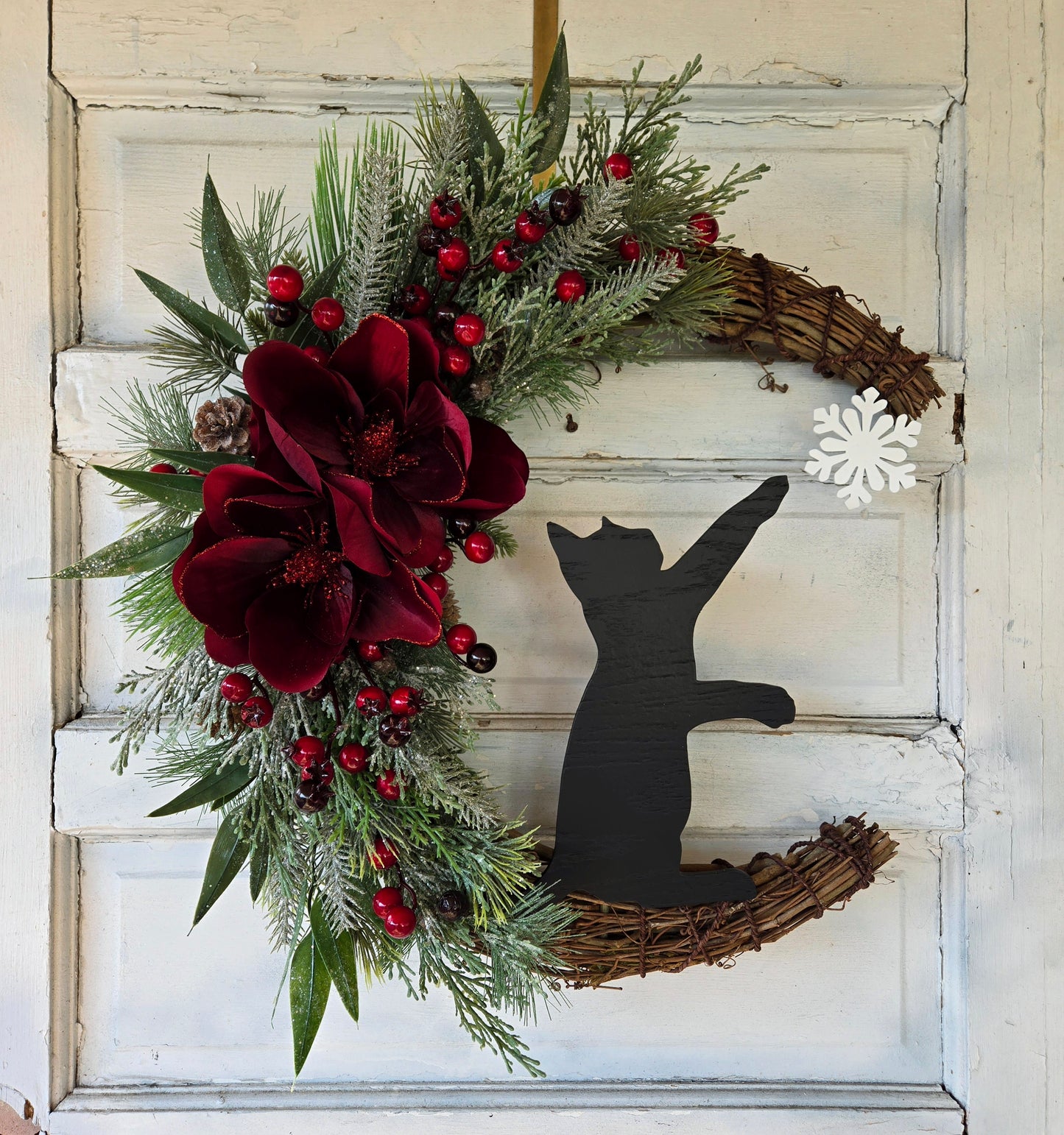 Red Poinsettia Christmas Crescent Moon Cat Wreath