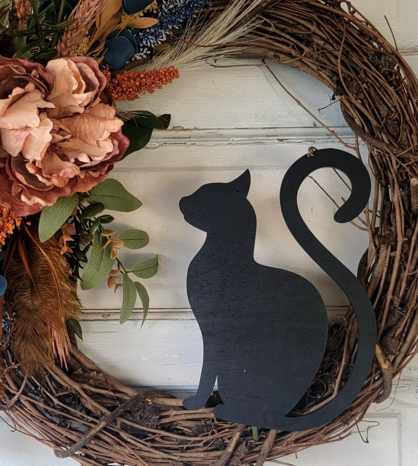 Navy Fall Feather Grapevine Cat Wreath