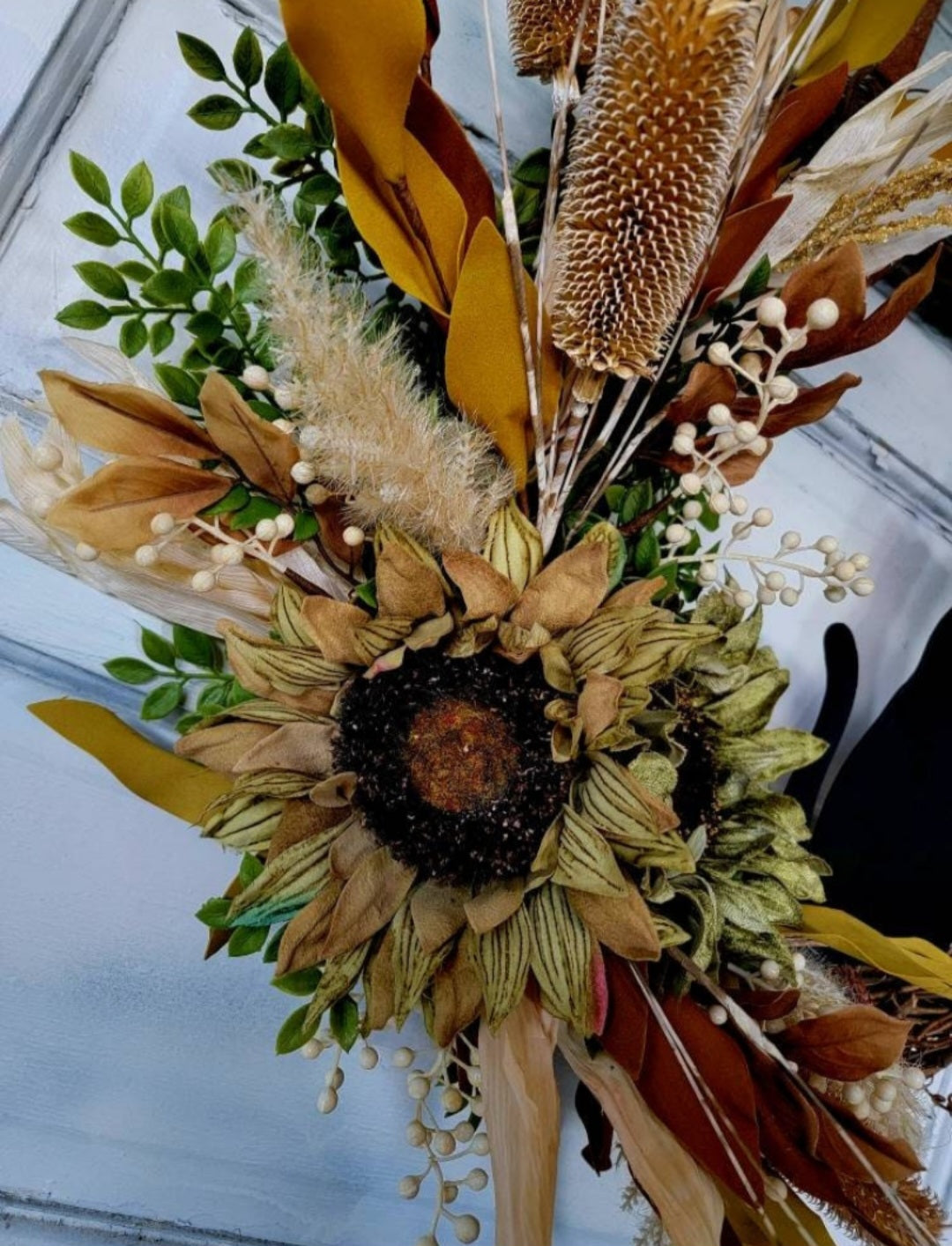 Fall Cat Moon Thistles & Sunflower Wreath