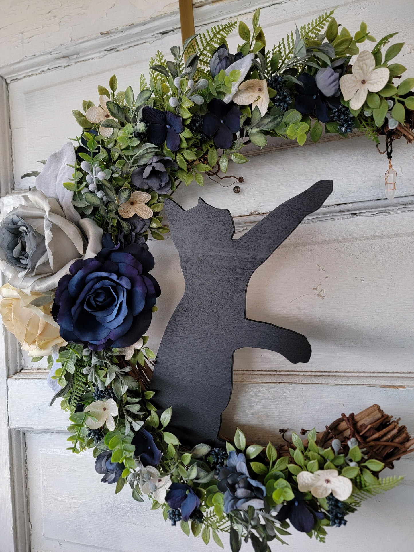 Blue Wildflower Cat Crescent Moon Wreath