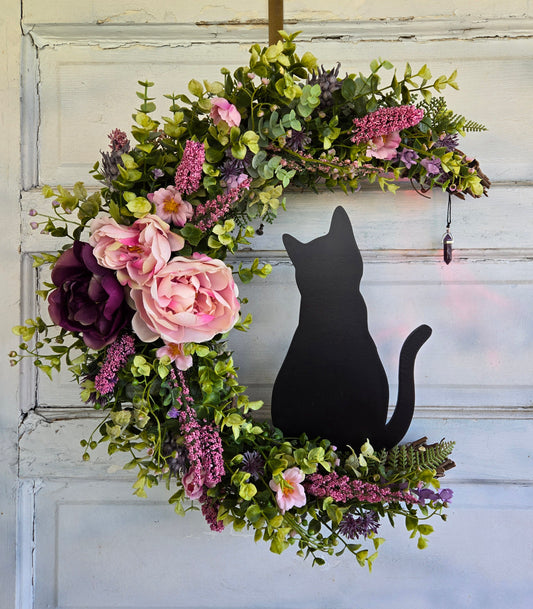 Pink Black Cat Amethyst Crescent Moon Wreath