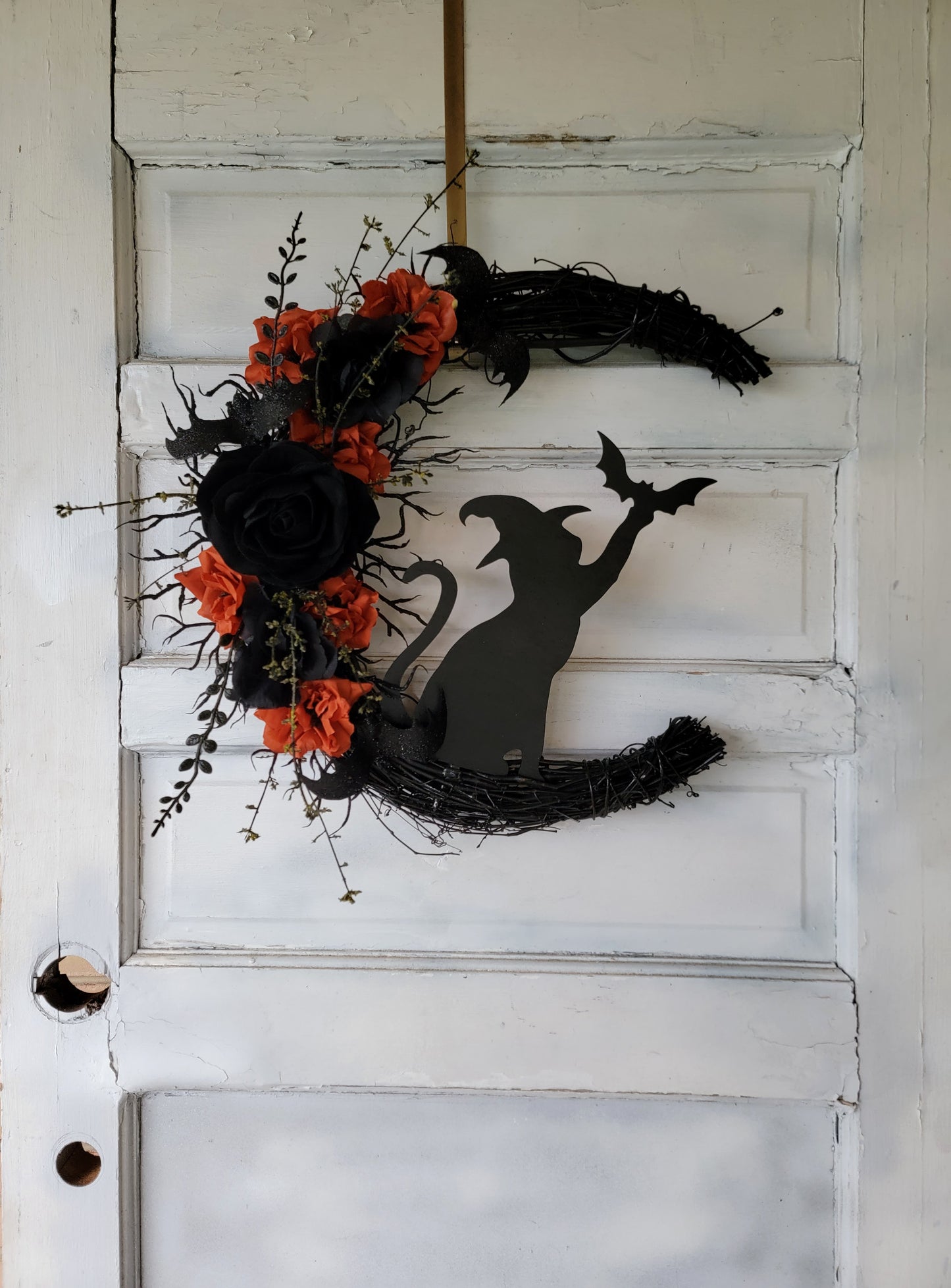 Witch Hat Bat Cat Halloween Crescent Moon Cat Wreath